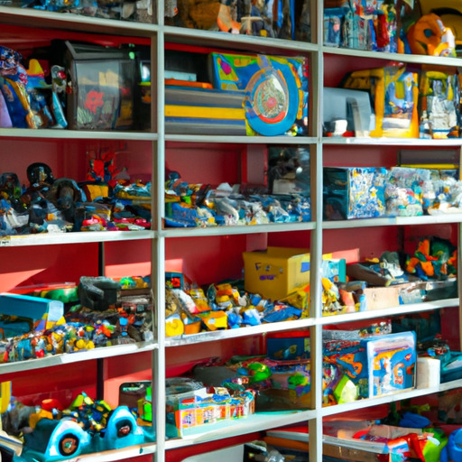 תמונה של חנות צעצועים, עם צעצועים שונים נראים על המדפים