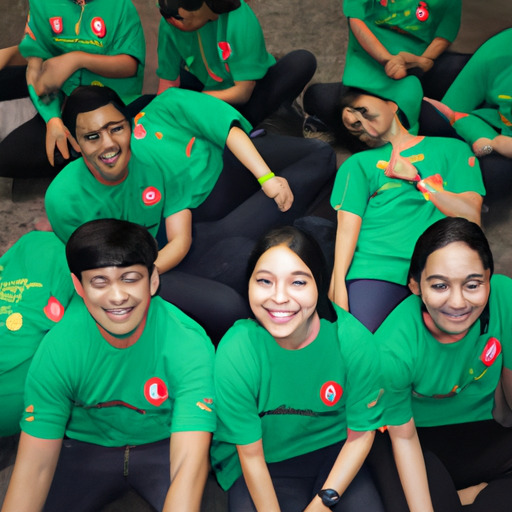 צילום של קבוצת מתנדבים לובשים חולצות תואמות, מחייכים ועושים הפסקה מעבודתם.