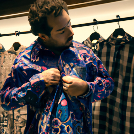 תמונה של גבר מנסה חולצות שונות בחנות